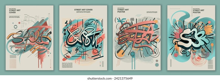 Abstract street art grunge graffiti style poster with letter spray scribbles paint splashes and ink stains. Set and collection of modern covers with urban designs