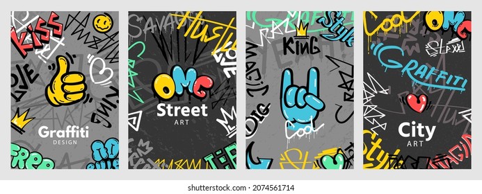 Abstract street art posters with graffiti style slogans. Urban wall spray paint drawings and splashes. Cool cover anarchy designs vector set. Lettering for hip hop culture with leaking paint