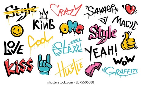 Abstract street graffiti lettering elements with grunge fonts. Urban savage spray paint art. Cool teenage graffiti cartoon design vector set. Creative colorful writing with drips and blobs - Shutterstock ID 2075506588