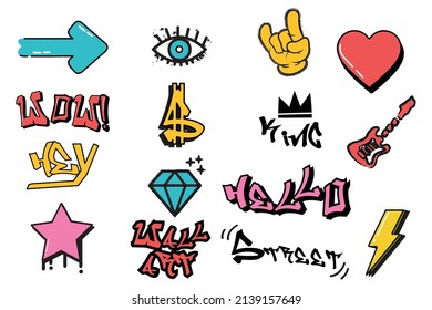 Abstract street graffiti lettering elements with grunge fonts. Urban savage spray paint art. Cool teenage graffiti cartoon design vector set. 