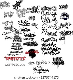 Abstract street graffiti lettering elements with grunge fonts. Urban savage spray paint art.