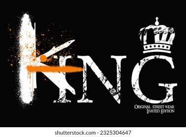 Abstract street graffiti lettering elements with grunge, Sprayed king font graffiti with overspray in black over white. Vector king graffiti art illustration.