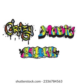 abstract street graffiti lettering elements with grunge fonts. music, crazy, and style graffiti 
colorful illustration.