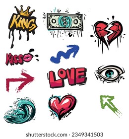 Resumen de elementos con letras de graffiti callejero con fuentes grunge. Arte de pintura con aerosol salvaje urbano.