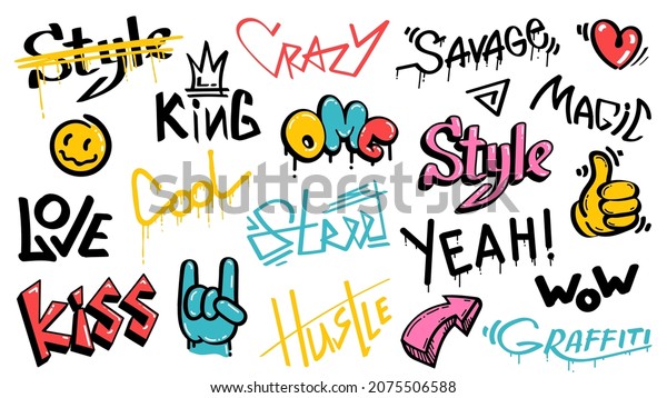 Abstract\
street graffiti lettering elements with grunge fonts. Urban savage\
spray paint art. Cool teenage graffiti cartoon design vector set.\
Creative colorful writing with drips and\
blobs