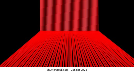 Abstrakter Streifenhintergrund. Wand- und Bodenliniendesign. Streifenraum, Abstrakt vertikal gestreift - Studiohintergrund mit leerem Raum, Leere hellrote Farbe Studioraum Hintergrund.
