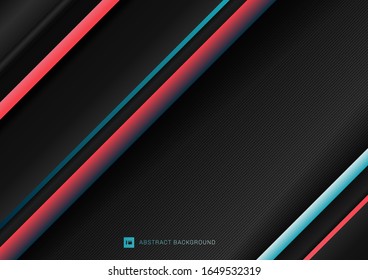 Las líneas geométricas diagonales de franja abstracta tienen un patrón azul y rojo sobre fondo negro con espacio para el texto. Ilustración del vector
