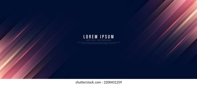 Abstract stripe diagonal lines on dark blue background with glowing light effect. Futuristic technology dynamic motion pattern. Modern banner template design. Space for text. Vector illustration