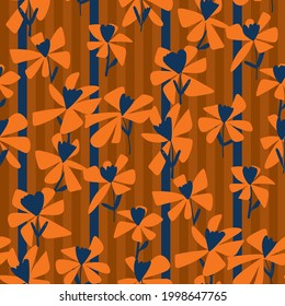 Abstract stripe and flowers seamless pattern in earthy terra cotta colors. Vector floral rapport for background, fabric, textile, wrap, surface, web and print design. 