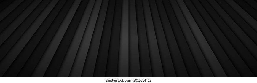 Abstract stripe header with different transparencies. Black metallic geometric background with dark gradient. Simple banner
