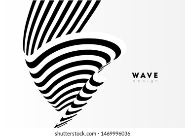 Abstract stripe wave with black and white line. Backdrop geometric bent ribbon for banner, poster, cover, web. Creative wave line 3d optical op art for dynamic design. Vector illustration.