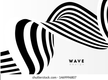 Abstract stripe wave with black and white line. Backdrop geometric bent ribbon for banner, poster, cover, web. Creative wave line 3d optical op art for dynamic design. Vector illustration.