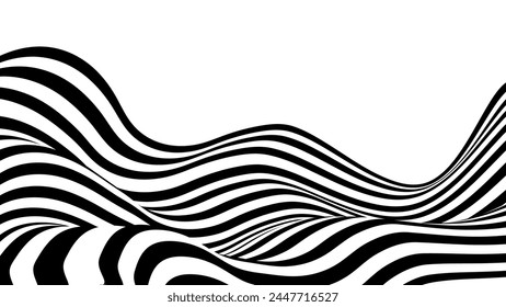 Abstract stripe wave with black and white line pattern. 3d optical op art background in trendy Y2k psychedelic style. Vector illustration 