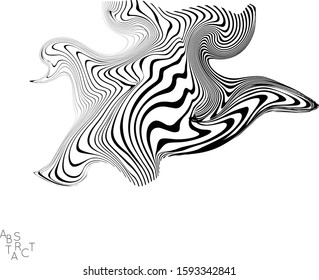 Abstract striped animal creature. Black and white optical art. Bird or fish illustration showing wavy body moment. Wild life simplified abstraction.