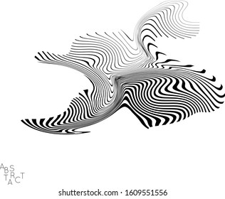 Abstract striped animal creature. Black and white optical art. Bird or fish illustration showing wavy body moment. Wild life simplified abstraction.
