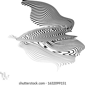 Abstract striped animal creature. Black and white optical art. Bird or fish illustration showing wavy body moment. Wild life simplified abstraction.