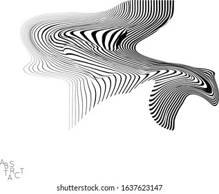 Abstract striped animal creature. Black and white optical art. Bird or fish illustration showing wavy body moment. Wild life simplified abstraction.