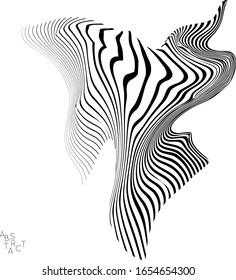 Abstract striped animal creature. Black and white optical art. Bird or fish illustration showing wavy body moment. Wild life simplified abstraction.