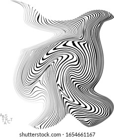 Abstract striped animal creature. Black and white optical art. Bird or fish illustration showing wavy body moment. Wild life simplified abstraction.