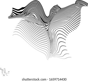 Abstract striped animal creature. Black and white optical art. Bird or fish illustration showing wavy body moment. Wild life simplified abstraction.