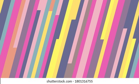 Resumen de fondo rayado. Líneas diagonales multicolores brillantes en estilo retro. Ilustración vectorial. Papel pintado de escritorio o adorno decorativo con tonos suaves. Arreglo aleatorio de rayas.