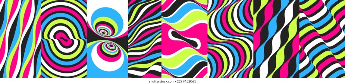 Abstract striped background made of many colored lines. Wavy pattern with optical illusion. Psychedelic stripes. 3d vector illustration for brochure, poster, presentation, flyer or banner. 