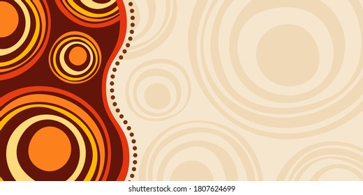 Abstract striped background, poster, banner. Composition of smooth dynamic waves, circles. Aboriginal ornament. Trendy design. Vector color illustration in flat style.