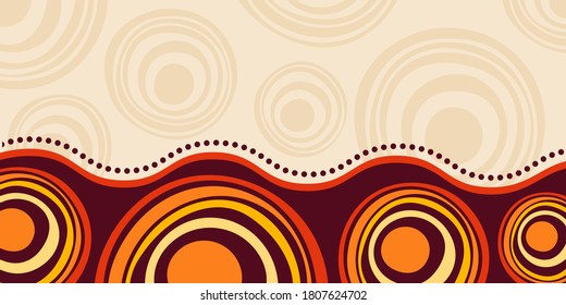 Abstract striped background, poster, banner. Composition of smooth dynamic waves, circles. Aboriginal ornament. Trendy design. Vector color illustration in flat style.