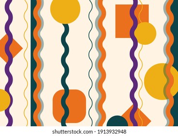 Abstract striped background, poster, banner. Composition of smooth dynamic waves, circles. Aboriginal ornament. Fashionable design. Vector color illustration in flat style.