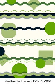 Resumen de fondo a rayas, afiche, cartel. Composición de ondas dinámicas suaves, círculos. Ornamento aborigen. Diseño de moda. Ilustración de color vectorial en estilo plano.
