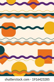 Abstract striped background, poster, banner. Composition of smooth dynamic waves, circles. Aboriginal ornament. Fashionable design. Vector color illustration in flat style.