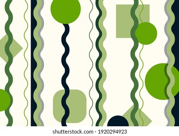 Abstract striped background, poster, banner. Composition of smooth dynamic waves, circles. Aboriginal ornament. Fashionable design. Vector color illustration in flat style.
