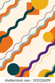 Abstract striped background, poster, banner. Composition of smooth dynamic waves, circles. Aboriginal ornament. Fashionable design. Vector color illustration in flat style.