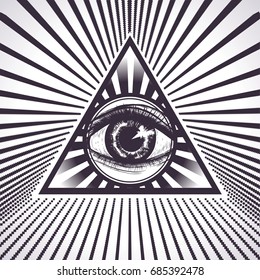 Abstract striped background with triangle with all seeing eye. Black and white pattern for print of t-shirt. Vector isolated illustration. Hypnotic eye. New World Order. Symbol of earth.