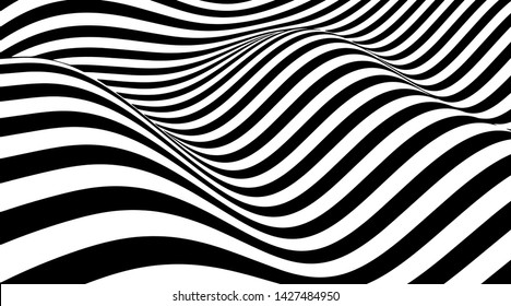 Abstract striped background. Vector illustration of 3d optical illusion. Monochrome wavy pattern. Distorted geometry. Dynamic texture for cover design