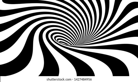 Abstract striped background. Whirlpool or vortex shape. Vector illustration of 3d optical illusion. Monochrome wavy pattern. Distorted geometry. Dynamic texture for cover design