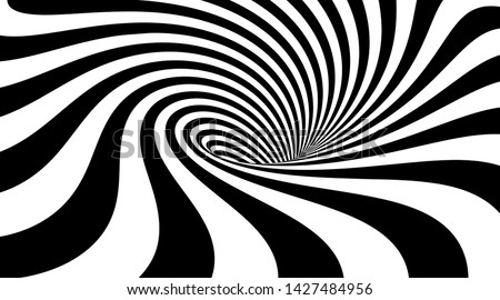 Abstract striped background. Whirlpool or vortex shape. Vector illustration of 3d optical illusion. Monochrome wavy pattern. Distorted geometry. Dynamic texture for cover design