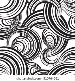 Abstract striped circle seamless pattern. Swirl wavy ornamental background. Chaotic flow motion texture. Floral funky ornament