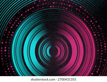 Abstractas círculos rayados y líneas punteadas con fondo de textura granulada grunge. Diseño de Vector de neón vibrante geométrico