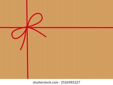 Abstract striped craft paper background, gift tied up with cotton red rope bakers twine bow and ribbons. Packing string for decoration, present, pastry boxes for New Year, Christmas. Vector EPS10