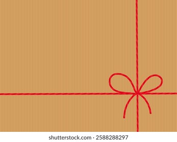 Abstract striped craft paper background, gift tied up with cotton red rope bakers twine ribbon, bow, cord. Packing string for decoration, present, envelope, pastry boxe for Birthday. Vector EPS10