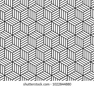 Abstract striped cubes geometric seamless pattern in black and white, vector