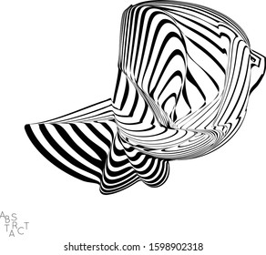 Abstract striped deep ocean life creature. Black and white optical art. Biology research marine science concept. Sea shell or jelly fish illustration showing wavy body moment under water.