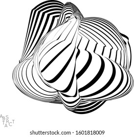 Abstract striped deep ocean life creature. Black and white optical art. Biology research marine science concept. Sea shell or jelly fish illustration showing wavy body moment under water.