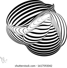 Abstract striped deep ocean life creature. Black and white optical art. Biology research marine science concept. Sea shell or jelly fish illustration showing wavy body moment under water.