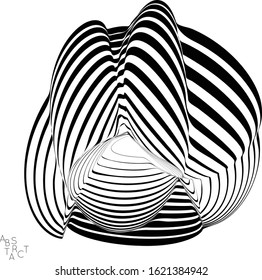 Abstract striped deep ocean life creature. Black and white optical art. Biology research marine science concept. Sea shell or jelly fish illustration showing wavy body moment under water.