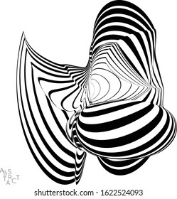 Abstract striped deep ocean life creature. Black and white optical art. Biology research marine science concept. Sea shell or jelly fish illustration showing wavy body moment under water.