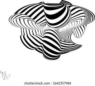 Abstract striped deep ocean life creature. Black and white optical art. Biology research marine science concept. Sea shell or jelly fish illustration showing wavy body moment under water.
