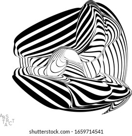 Abstract striped deep ocean life creature. Black and white optical art. Biology research marine science concept. Sea shell or jelly fish illustration showing wavy body moment under water.