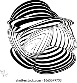 Abstract striped deep ocean life creature. Black and white optical art. Biology research marine science concept. Sea shell or jelly fish illustration showing wavy body moment under water.